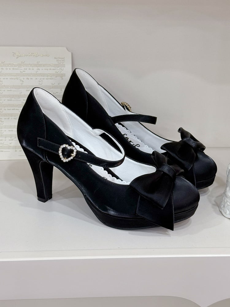 Black Elegant Lolita High Heels - Bow at Top & Rhinestone Heart Buckle