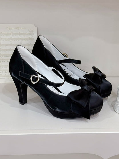 Black Elegant Lolita High Heels - Bow at Top & Rhinestone Heart Buckle