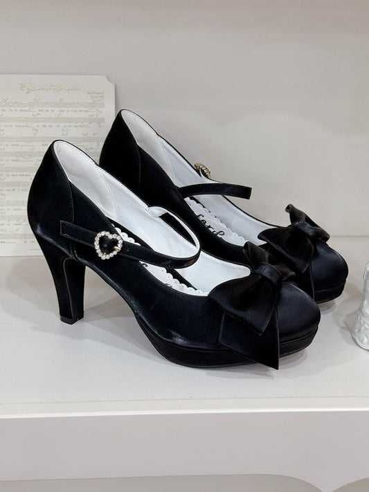 Black Elegant Lolita High Heels - Bow at Top & Rhinestone Heart Buckle