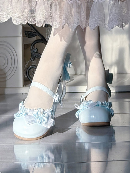 Sweet Light Blue Lolita Low Heels - PU Leather with Blossom Motifs, Delicate Bows & Ruffles Trim