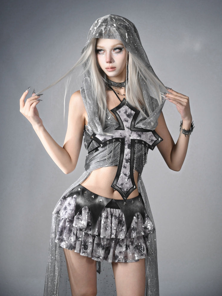 Y3K Fashion Silver Cyberpunk Cross Choker with Beaded Chains