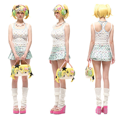 Yellow Headphone Girl PU Crossbody Tote Bag