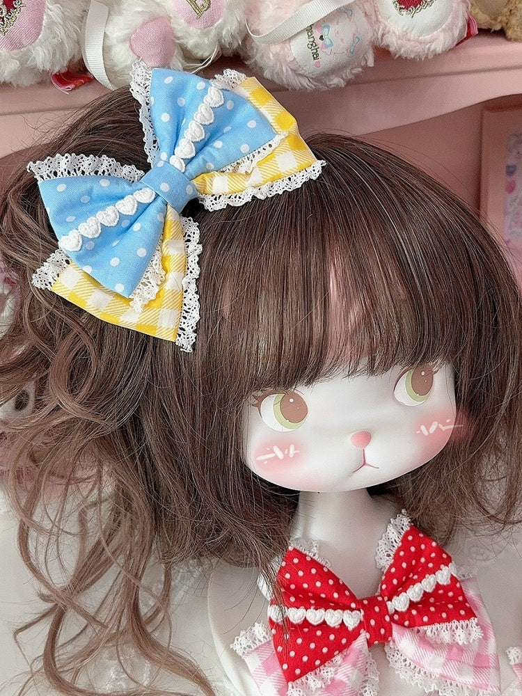 5 Color Options Lace Trim Plaid And Polka-dot Pattern Bowknot Hairclip