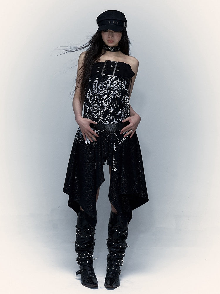 Lace-up Detail Letters Print Black Buckle Strap Design Punk Rock Strapless Dress