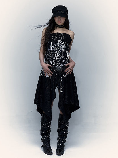 Lace-up Detail Letters Print Black Buckle Strap Design Punk Rock Strapless Dress