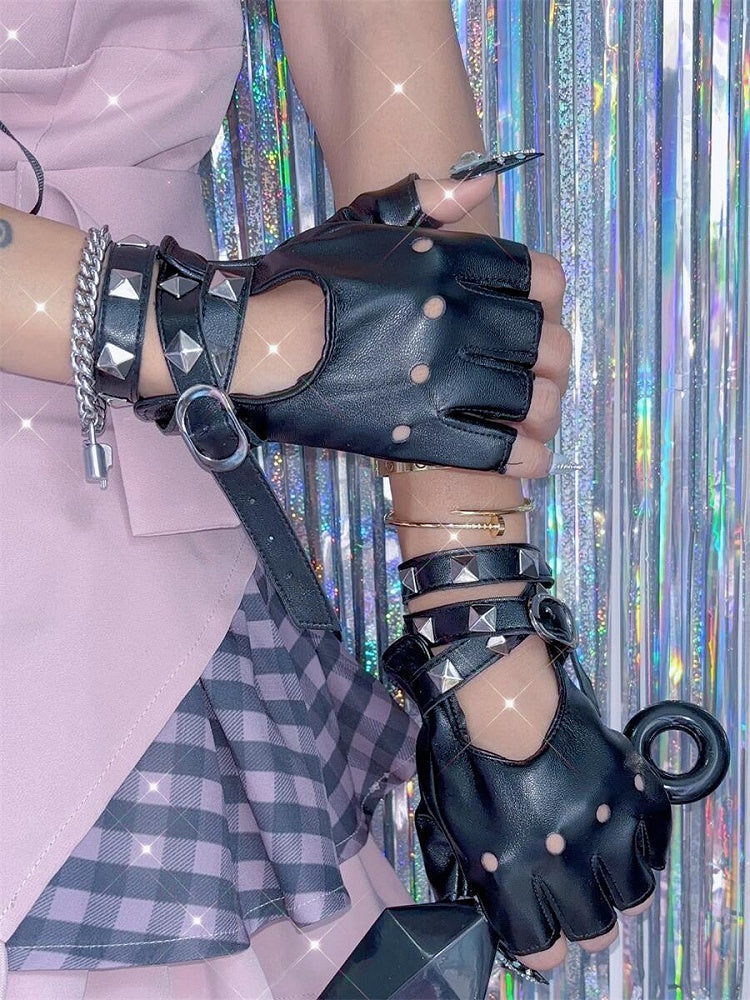 Punk Studs Crisscross Straps PU Half Finger Gloves 5 Color Options