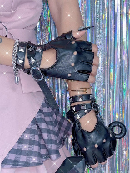 Punk Studs Crisscross Straps PU Half Finger Gloves 5 Color Options