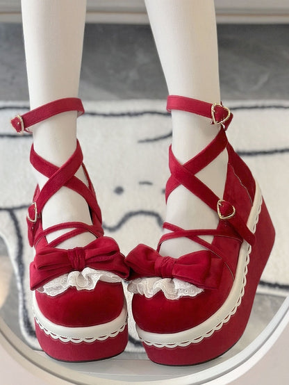 Red Velvet Mary Janes for Lolita - Lace Accented Bow with Romantic Clasp & Crisscross Design