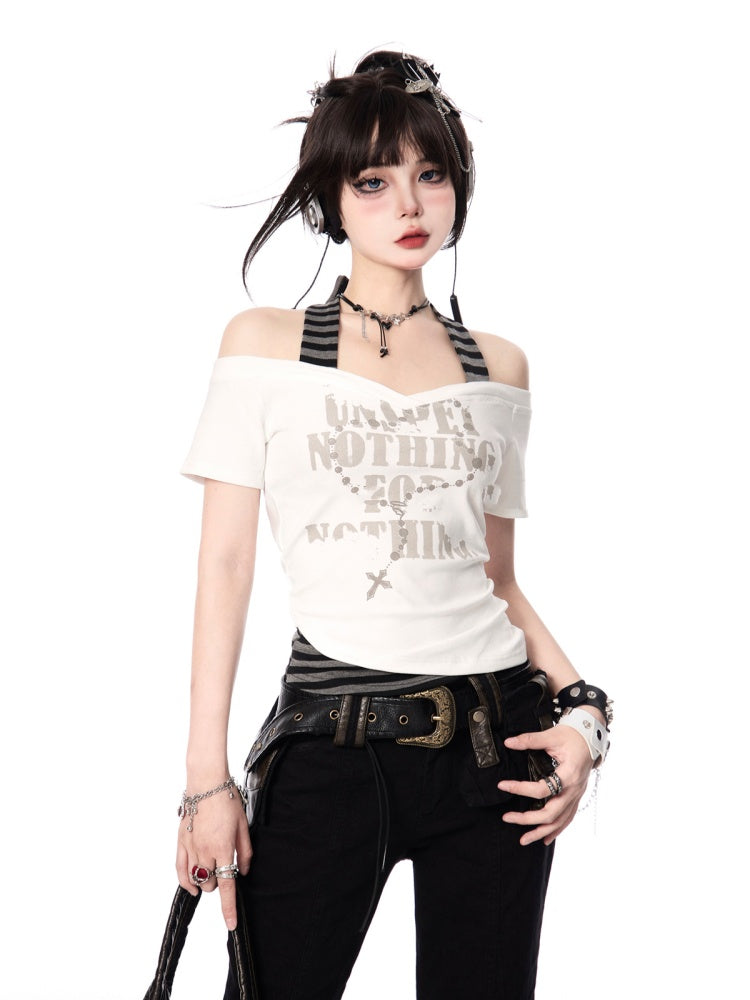 Y2K Cross Necklace Print White and Gray Striped Halter Neck T-shirt