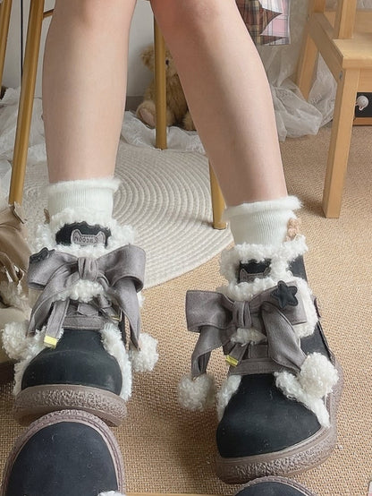3cm Sole Black Ankle Boots for Lolita with Gray Bow Accents, Star Applique & Lace-Up Design