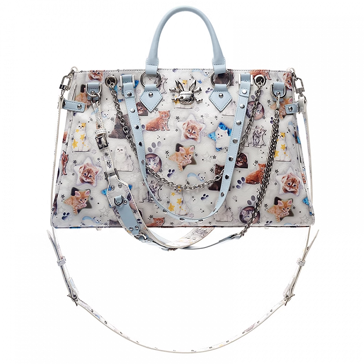 Allover Kitty Print White PU Crossbody Tote Bag Multiple Shoulder Straps