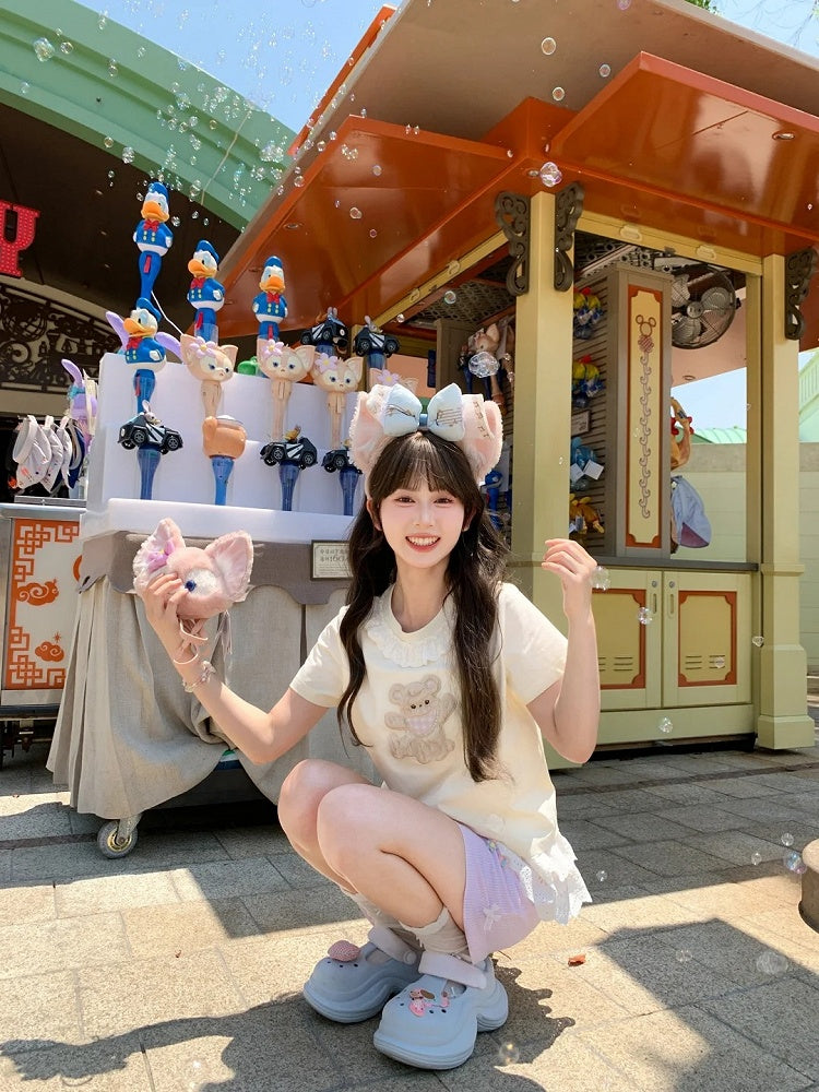 Plush Bear Applique Apricot Lace Trim Neckline T-shirt