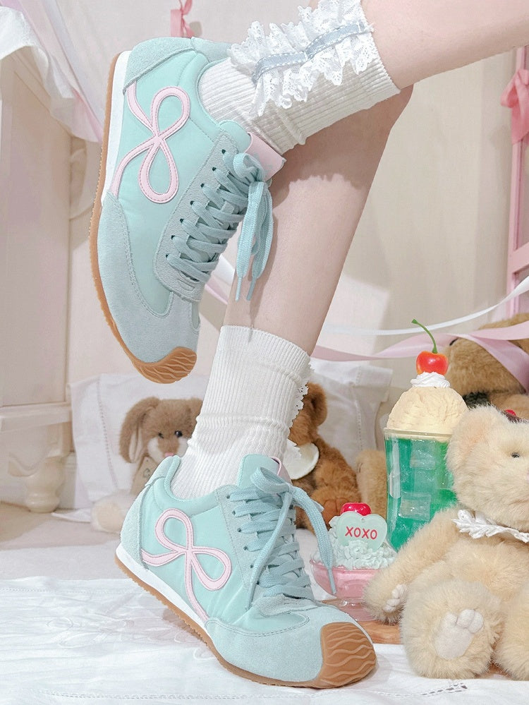 Green Bowknot Design Front Lace-up Ties Sneakers
