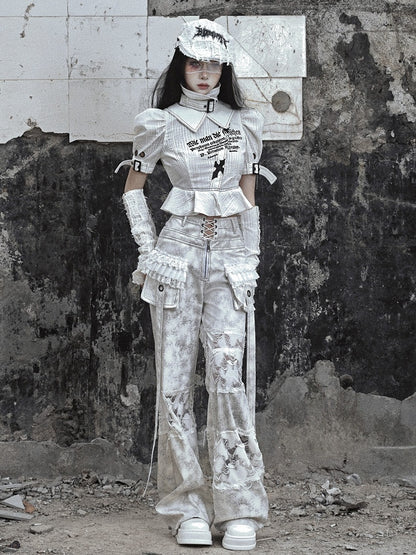 Grey Goth Letters Print Punk Shirt with Detachable Buckle Collar