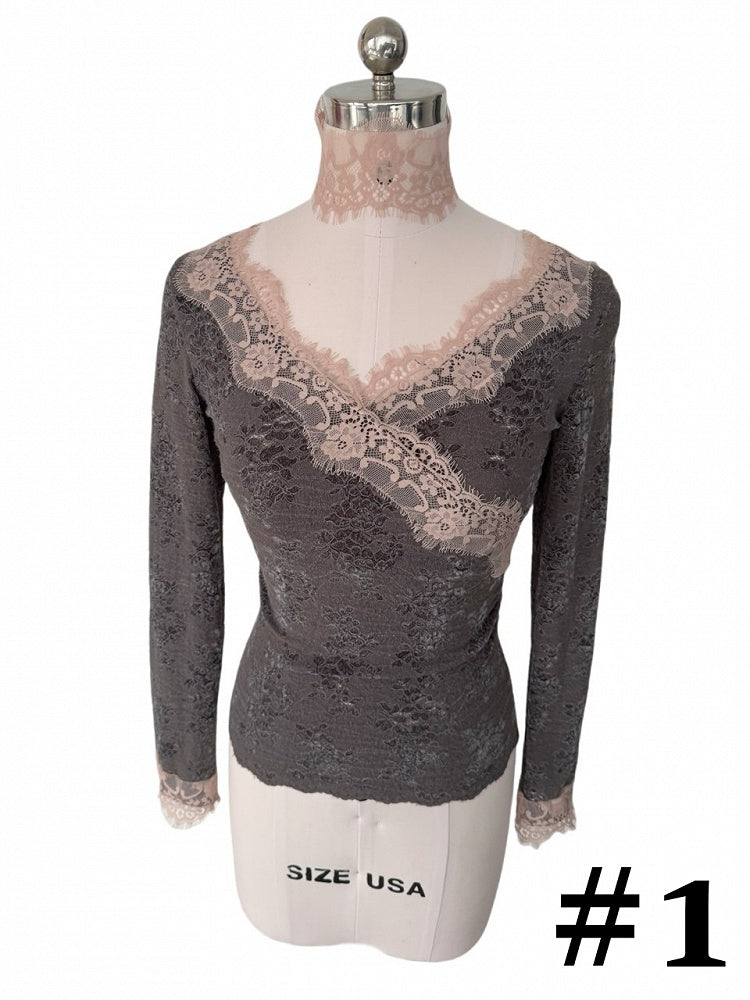 Gray & Pink Lace Trim Crossover Long Sleeve Top