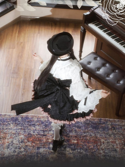 Black and Pink Boned Corset Waist Ruffle Skirt Lolita Dress with Large Bow Back