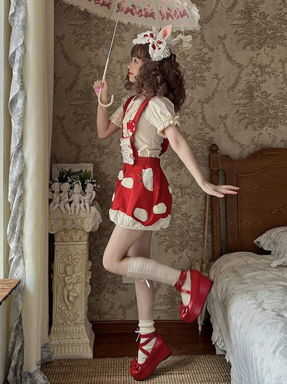 Fleece White Spot Applique Red Sweet Lolita Mushroom Bubble Short with Detachable Straps