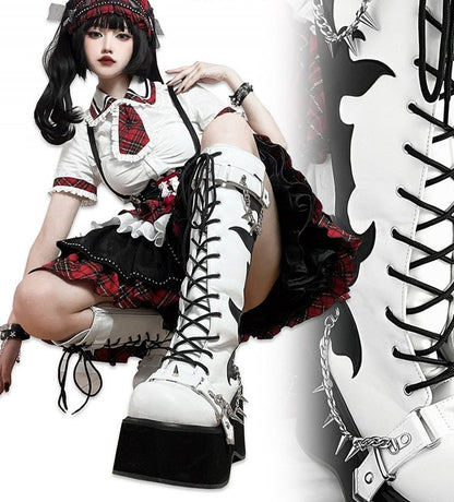 White and Black Punk Goth Platform Boots Spike Studs Chains Knee-high Boots