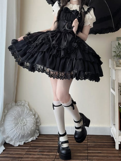 Black Drawstring Overlay Tiered Skirt Princess Lolita Kuro Dress