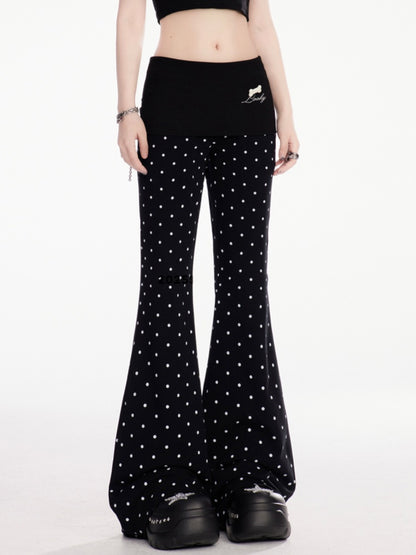 Black Polka Dot Elastic Waist Slim-fitting Flared Casual Pants