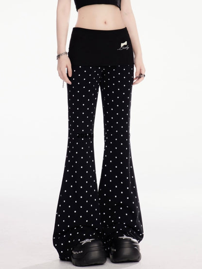 Black Polka Dot Elastic Waist Slim-fitting Flared Casual Pants