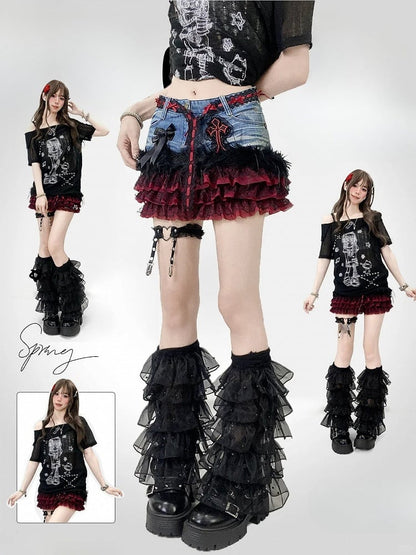 Blue Y2K Contrast Lace Patches Tiered Skirt