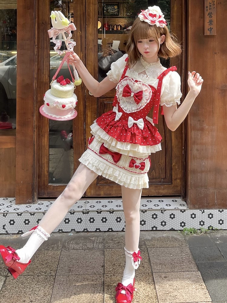 Red Polka Dots Sweet Bow Accents Lolita Full Set - Cami Top + Skirt + Puff Sleeves Cropped Top