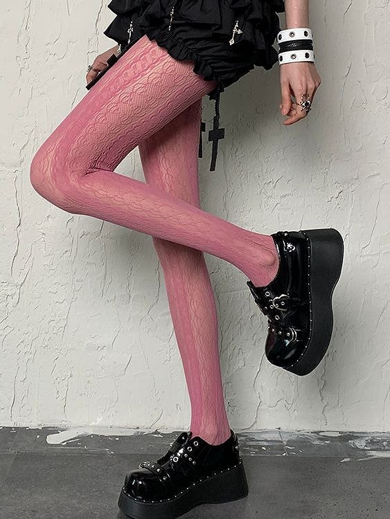 Rose Pink Striped Hollow-out Design Y2K Tights