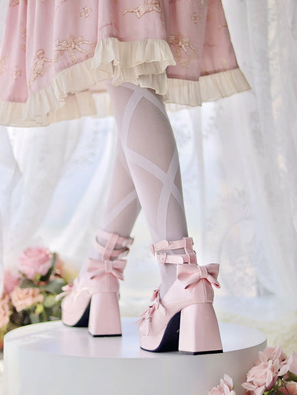Pink Sweetheart and Bow Accents Sweet Lolita Platform High Block Heels