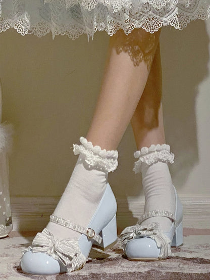 Blue&White Beaded Decorated Bow at Top 2.5CM/5CM Block Heels Round Toe Shoes