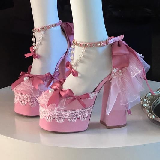Clearance-Size 42 Pink Bows Lace Trim Rhinestone Ankle Strap 14CM Block Heel Hime Lolita Shoes with Beaded Chains