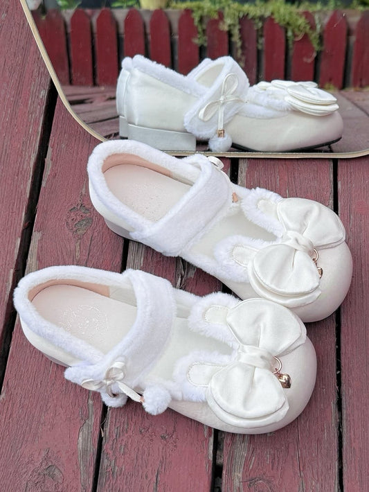 White Sweet Lolita Heart Charm Plush Bunny Ear Bow at Top Round Toe Shoes