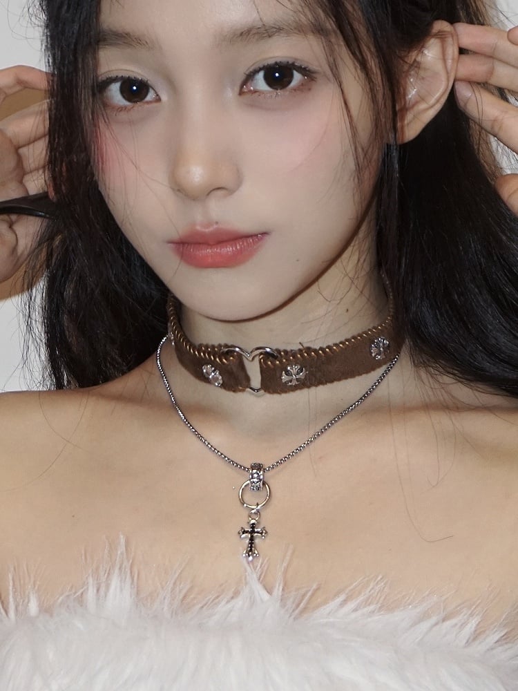 Punk Cross Pendant Double-Layered Brown Choker