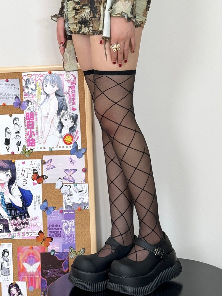 Black/White Diamond Pattern Over-knee Stockings