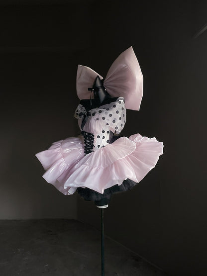 Pink Satin Sweet Lolita Dress with Polka Dot Off-the-Shoulder Detail and Large Bow