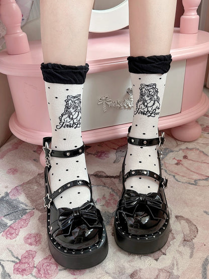 Black/Pink Anime Girl Polka-dot Pattern Lolita Calf Socks
