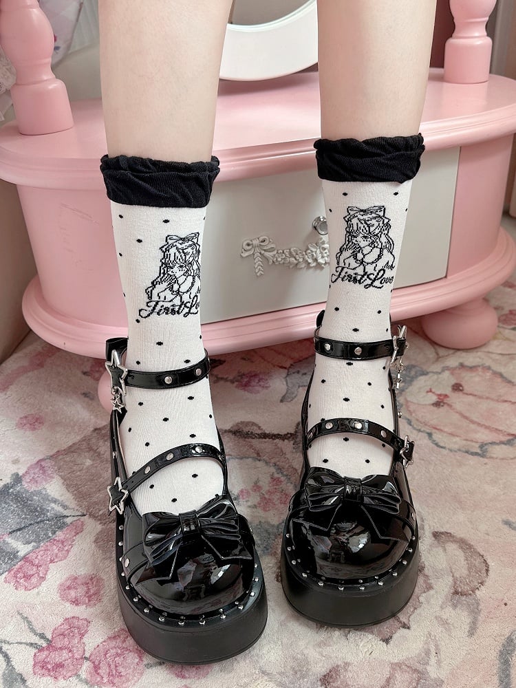 Black/Pink Anime Girl Polka-dot Pattern Lolita Calf Socks