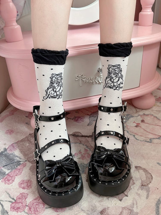 Black/Pink Anime Girl Polka-dot Pattern Lolita Calf Socks