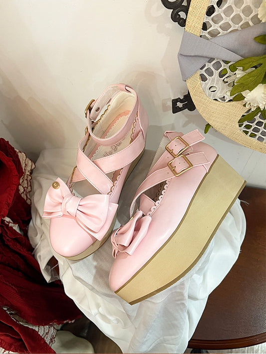 Sweet Lolita Pink Platforms with PU Leather, Wood Pattern Sole & Crisscross Details