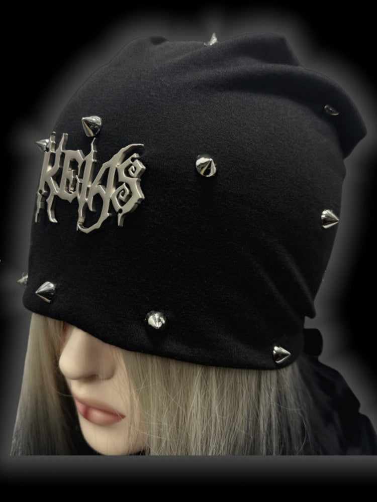 Y2K Black Metallic Letter Details Studs Design Punk Slouchy Beanie