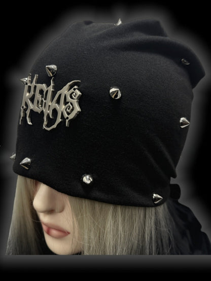 Y2K Black Metallic Letter Details Studs Design Punk Slouchy Beanie