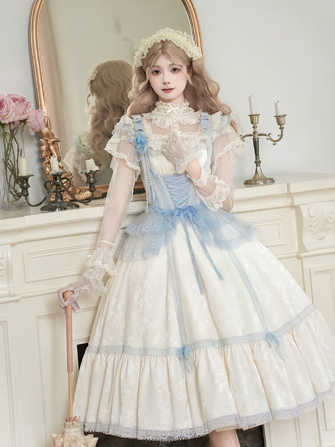 Beige and Light Blue Slim Fit Waist Versatile Neckline Lolita JSK Full Set