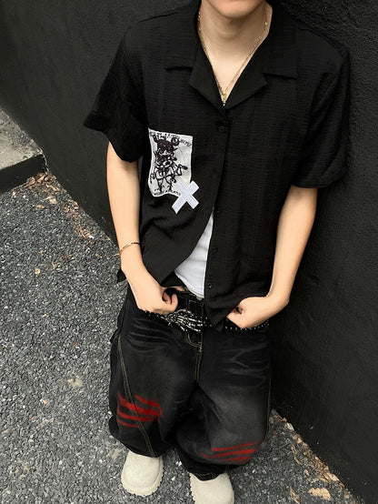 Punk Applique Black/White Notched Collar Short Sleeves Shirt