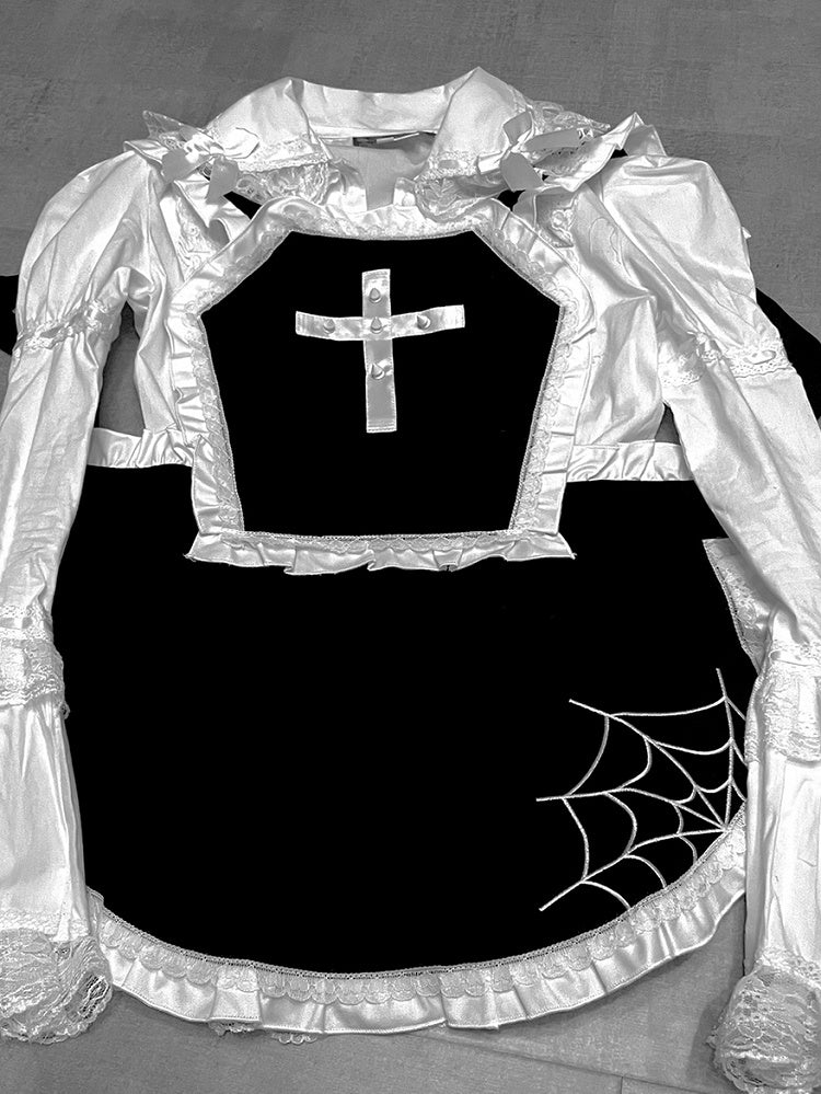 Studs Cross and Spider-web Embroidery Black Maid Apron