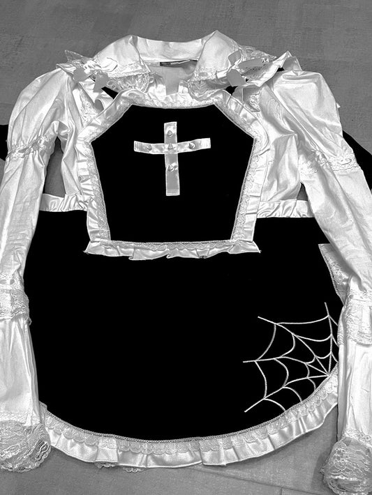 Studs Cross and Spider-web Embroidery Black Maid Apron