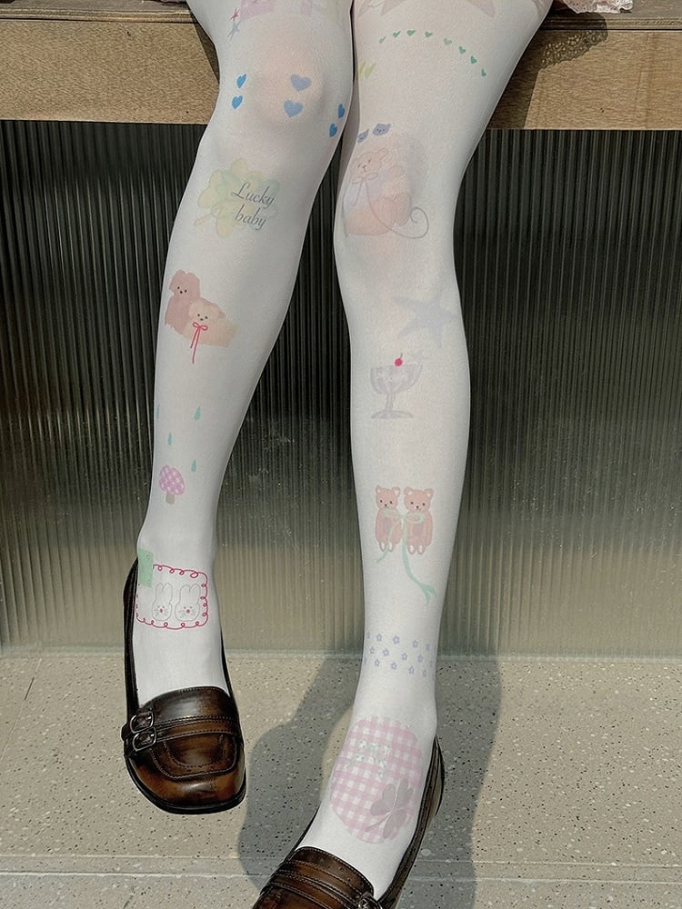 White Heart Bear Bunny Print Cartoon Tights