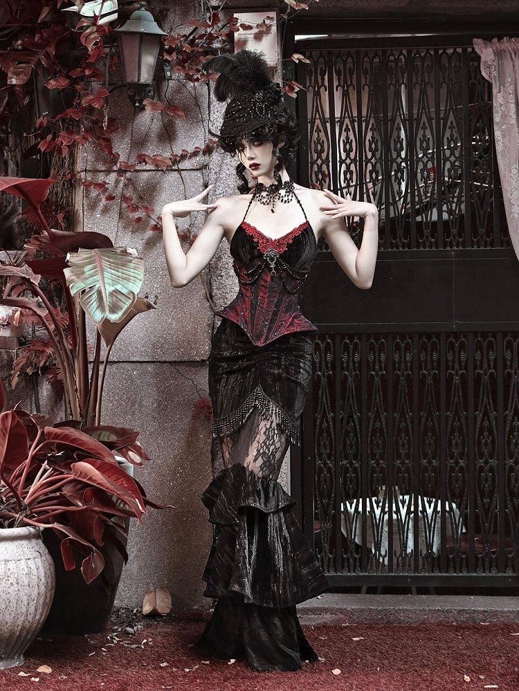 Victorian Goth Handmade Beads Halter Neckline Velvet Corset Top