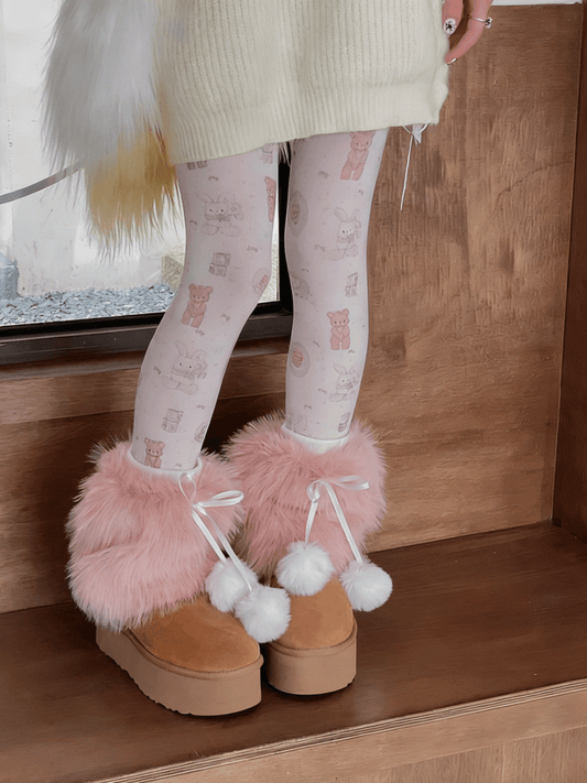 Pink/Coffee Sweet Plush Leg Warmers With Pompons