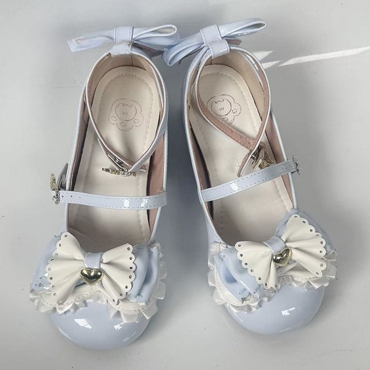 Mid-heel Sweet Blue Mary Janes for Lolita with Adorable Bear Heel & Multi-layer Bow at Top