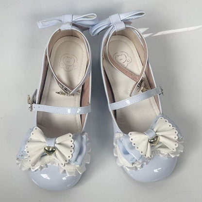 Mid-heel Sweet Blue Mary Janes for Lolita with Adorable Bear Heel & Multi-layer Bow at Top